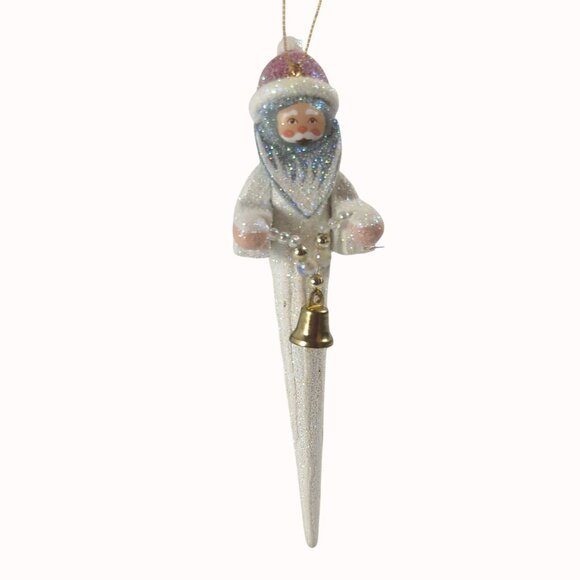 Vintage Whimsical Santa Claus Icicle Wood Ornament With Glitter and Bell - Picture 3 of 3